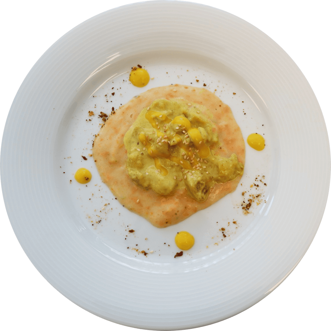 Massala de poulet aux 3 currys sur sa mousseline de pommes de terre aux carottes